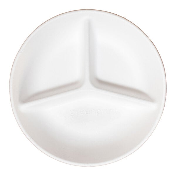 A round white plate with three compartments made from compostable sugarcane fiber.