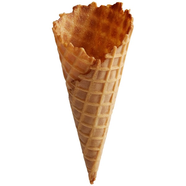 A small waffle cone with a crisp, textured surface.