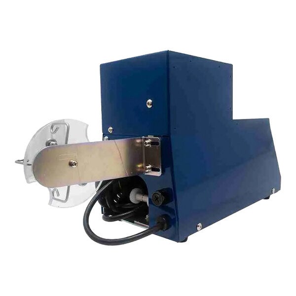 A blue semi-automatic L-clip tape applicator machine with a metal arm and power cord.