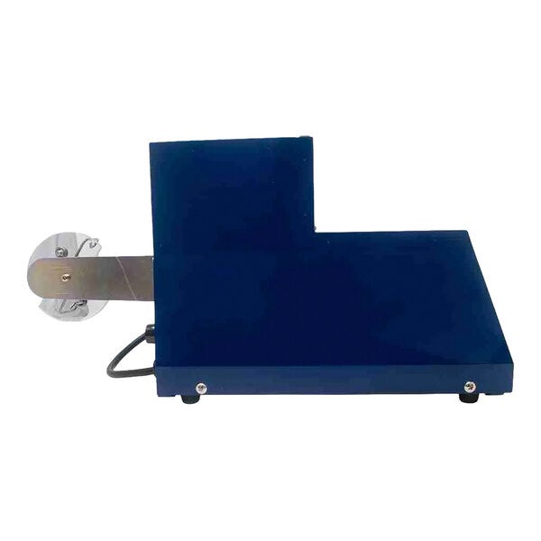 A semi-automatic L-clip tape applicator with a blue rectangular base and a metal arm for applying tape.