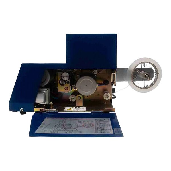 A semi-automatic L-clip tape applicator machine with a blue exterior and exposed internal components.