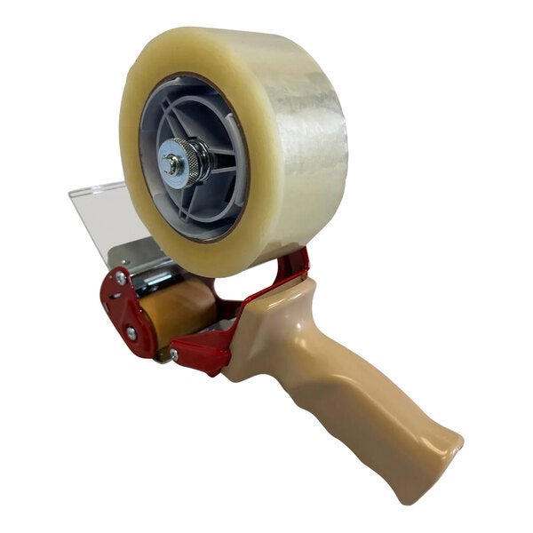 A handheld tape gun dispenser with a beige handle and a roll of clear tape installed.