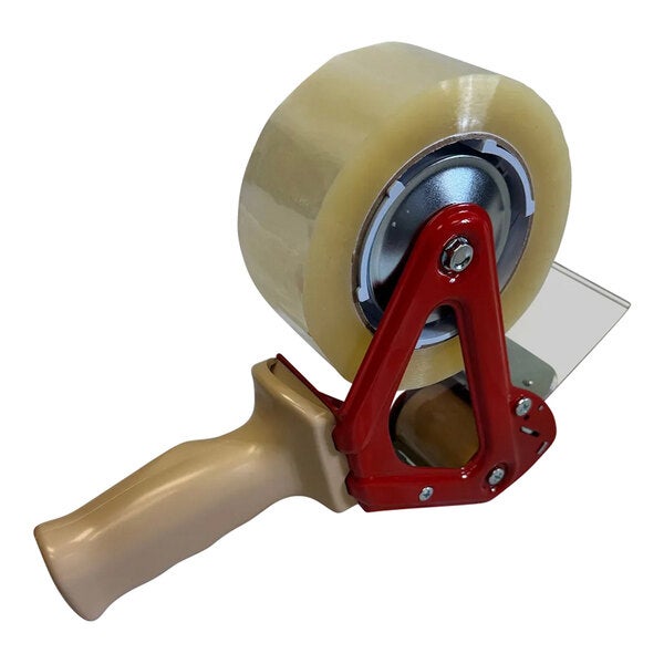 A handheld tape gun dispenser with a beige handle and a roll of clear tape.