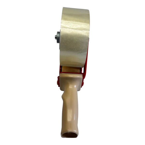 A handheld tape gun dispenser with a beige handle and a roll of clear tape, designed for 2-inch tape.