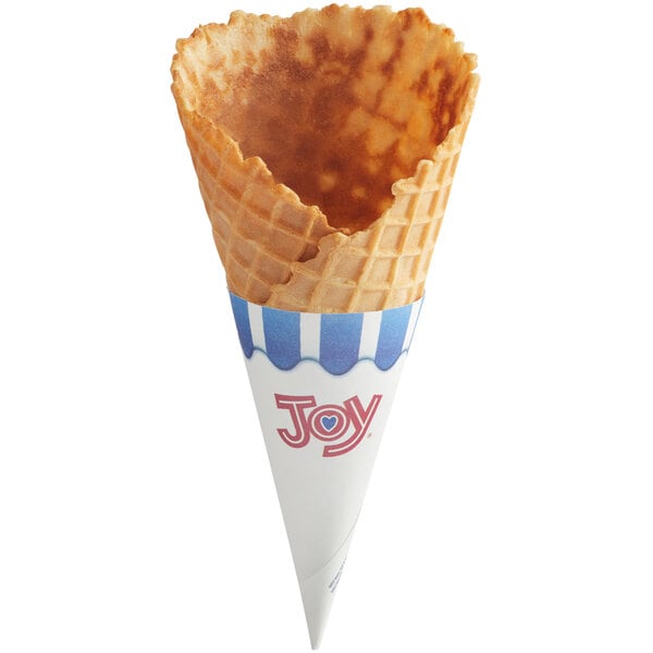A large waffle ice cream cone with a paper jacket labeled 'Joy.'