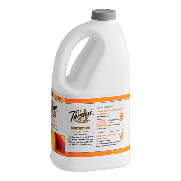 A 64 fl. oz. bottle of Torani Peach Puree Blend with a handle and labeled instructions for drink preparation.