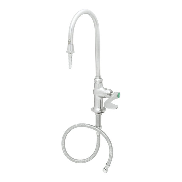 A deck-mount single laboratory faucet with a swivel gooseneck nozzle, serrated tip, flexible inlets, and a 4-inch wrist handle.