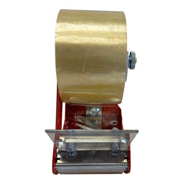 A handheld tape gun dispenser with a roll of clear tape loaded, designed for 3-inch tape.