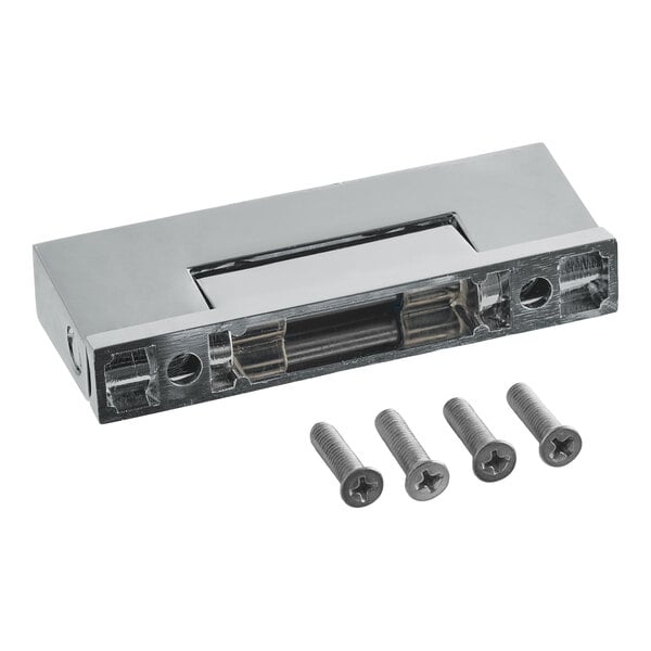 A rectangular metallic door hinge component with four screw holes, accompanied by four matching screws.