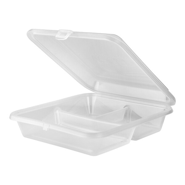 A clear, three-compartment hinged reusable take-out container made of plastic.