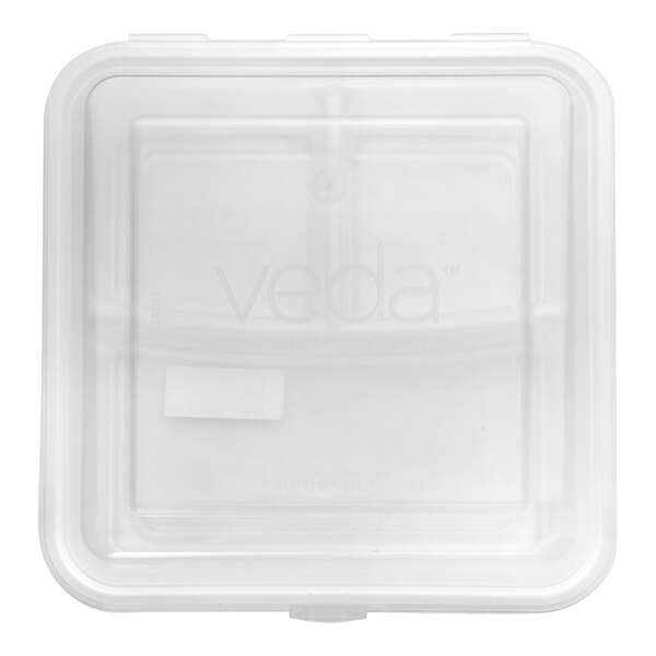 A clear, square, three-compartment hinged reusable take-out container.