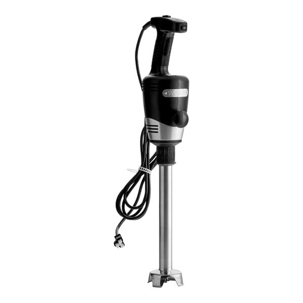 A heavy-duty, 12-inch immersion blender with a black handle and stainless steel shaft, featuring a power cord and two-speed settings.
