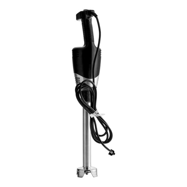 A heavy-duty immersion blender with a long stainless steel shaft and a black handle, featuring an attached power cord.