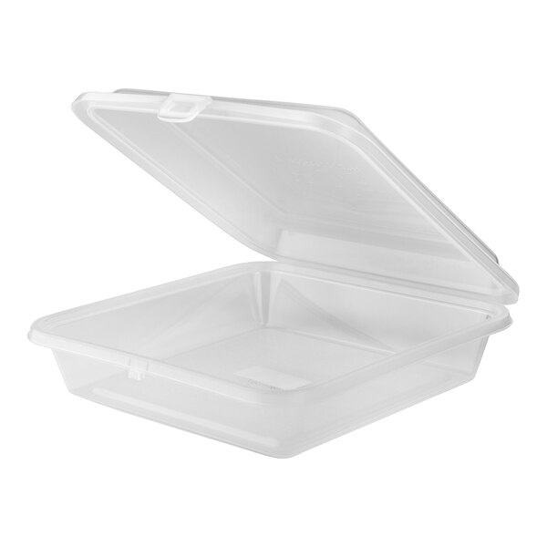 A clear, square, hinged reusable take-out container made of plastic.