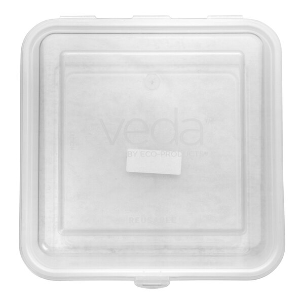 A clear, square, hinged reusable take-out container.