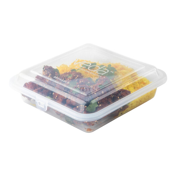 A clear, square, hinged reusable take-out container filled with food.
