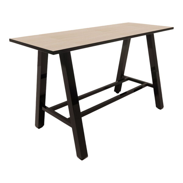 A rectangular bar height table with a beigewood laminate top and black angled legs.