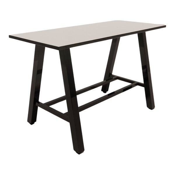 A rectangular bar height table with a white laminate top and black angled legs.