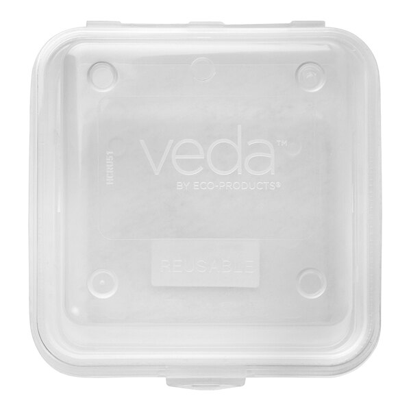 A clear, square, hinged reusable take-out container.