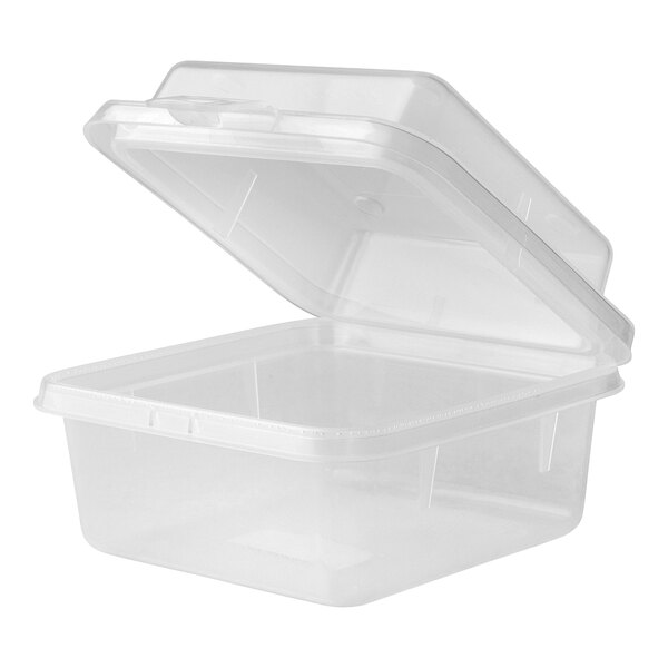 A clear, square, hinged reusable take-out container made of plastic.