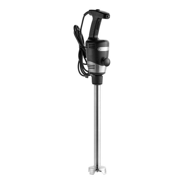 A heavy-duty immersion blender with an 18-inch stainless steel shaft and a black handle.
