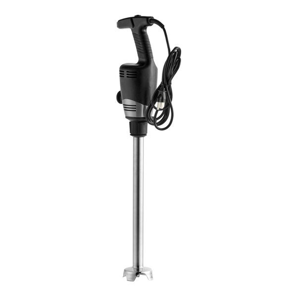 A heavy-duty immersion blender with an 18-inch stainless steel shaft and a black handle, featuring a power cord.