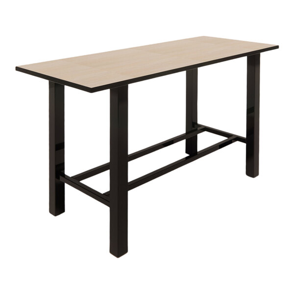 A rectangular bar height table with a beigewood laminate top and black metal legs.
