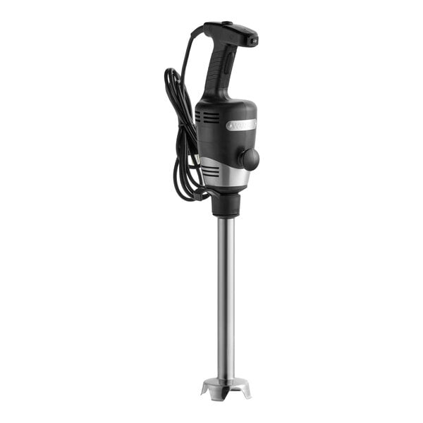 A heavy-duty immersion blender with a long stainless steel shaft and a black handle.