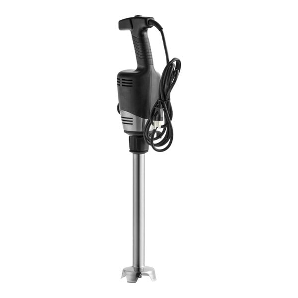 A heavy-duty immersion blender with a long stainless steel shaft and a black handle, featuring an attached power cord.