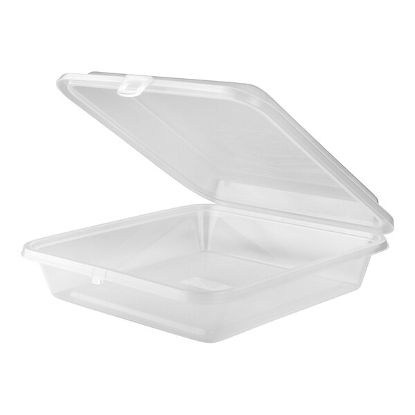 A clear, square, hinged reusable take-out container with a partially open lid.