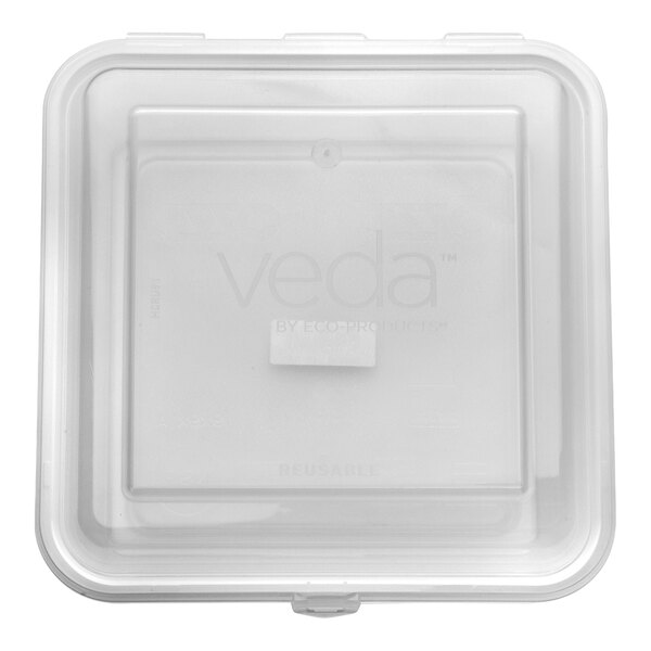 A clear, square, hinged reusable take-out container.