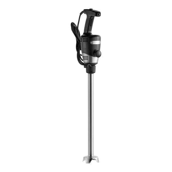A heavy-duty immersion blender with a long stainless steel shaft and a black handle, designed for commercial use.