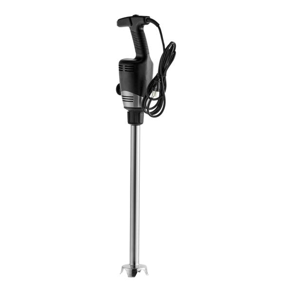 A heavy-duty immersion blender with a long stainless steel shaft and a black handle, designed for commercial use.