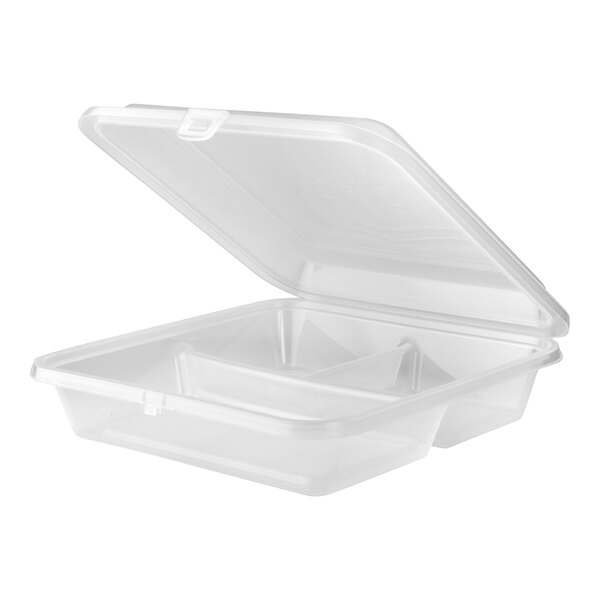 A clear, three-compartment hinged reusable take-out container.