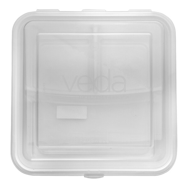 A clear, square, three-compartment hinged reusable take-out container.