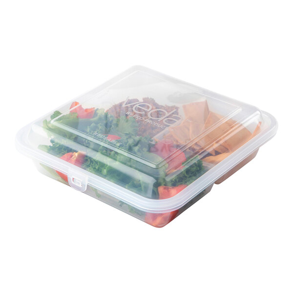A clear, square, three-compartment hinged reusable take-out container filled with food.