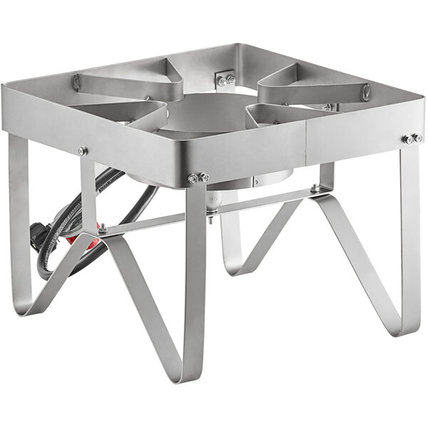 A stainless steel Backyard Pro single burner outdoor stove with a metal stand.