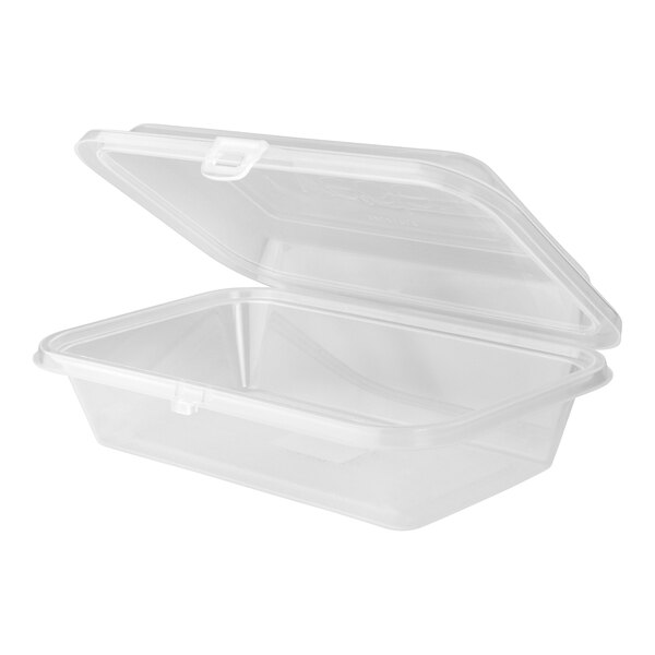 A clear, rectangular hinged reusable take-out container with a lid, designed for food storage or transport.