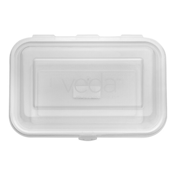 A clear, rectangular, hinged reusable take-out container.