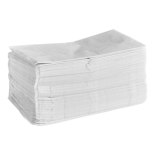 A stack of white 2-ply paper dinner napkins, 1/8 fold, measuring 15 by 17 inches.
