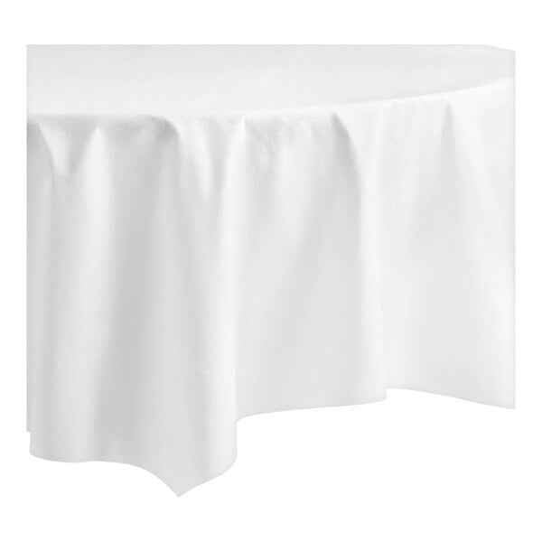 An 82-inch octy-round white linen-like table cover.