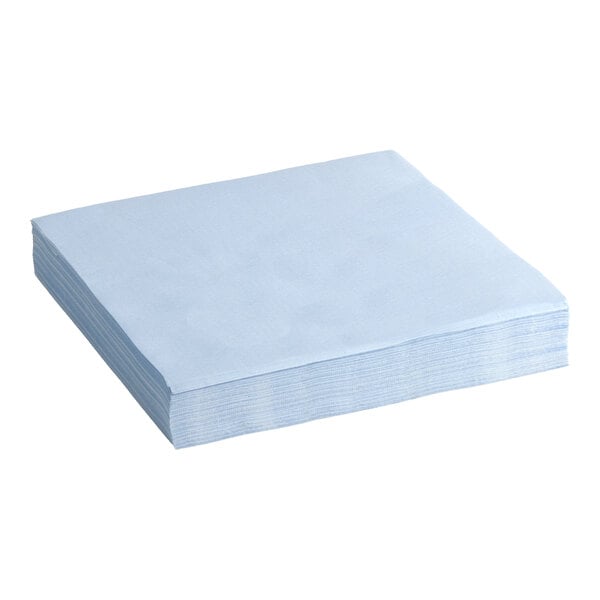 A stack of light blue, square, linen-feel dinner napkins.