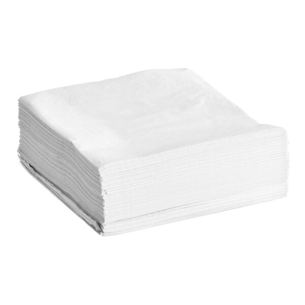 A stack of white, square, 2-ply paper dinner napkins.