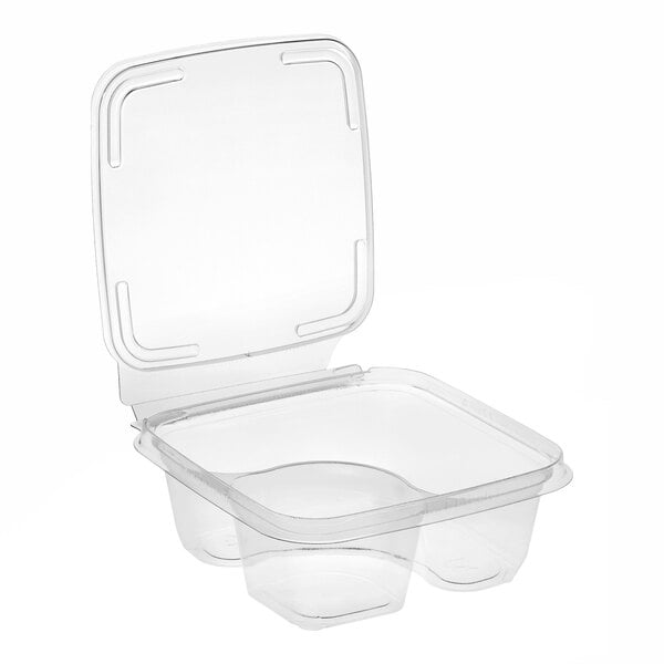 A clear plastic square hinged snack container with two compartments and a tamper-evident design.
