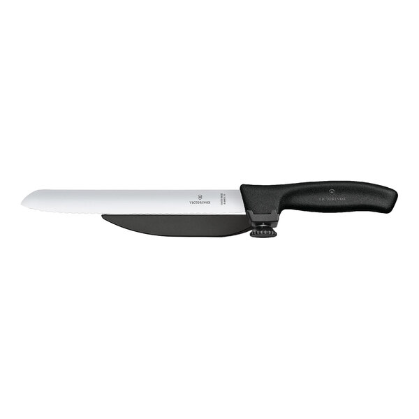 A Victorinox 8 5/16-inch wavy edge slicing knife with a black handle and an adjustable guide.