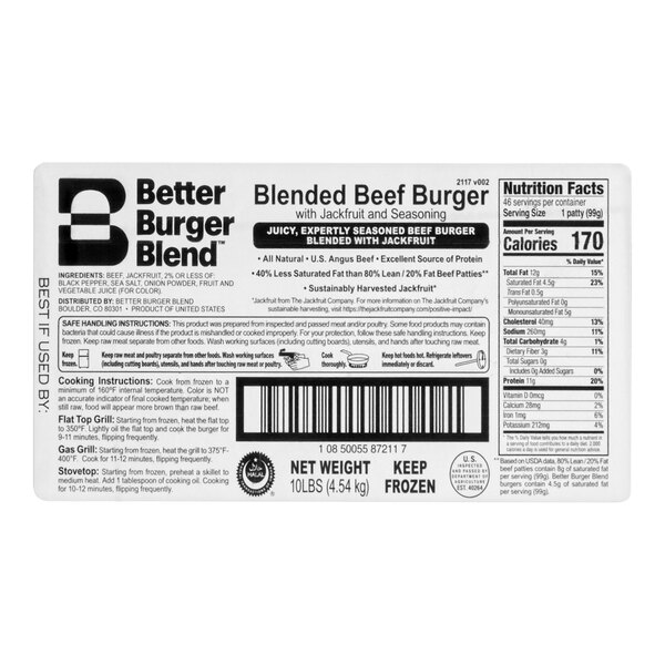 A 10-pound case of Better Burger Blend Blended Beef Burger with jackfruit and seasoning, featuring product and nutrition information on the label.