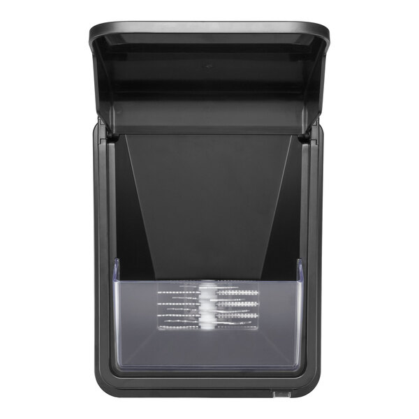 A black commercial countertop ice crusher with a clear ice collection bin and a hinged lid.