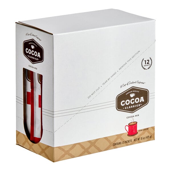A box of Cocoa Classics Raspberry and Chocolate Cocoa Mix containing 12 packets.