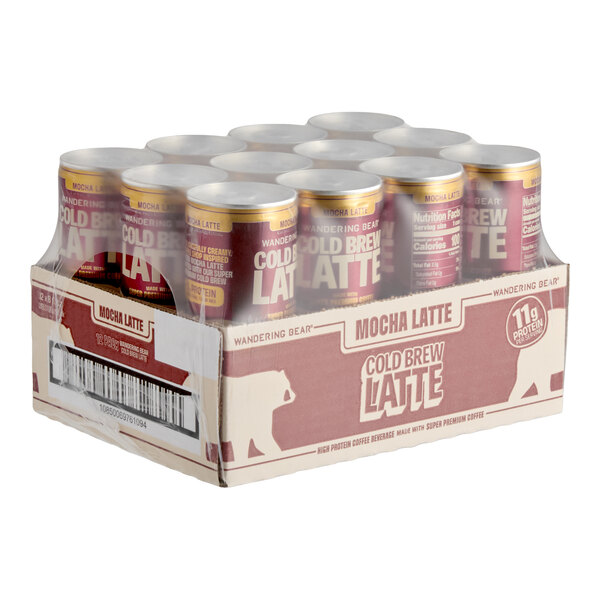 A case of twelve 8 fl. oz. cans of Wandering Bear Mocha Latte High Protein Cold Brew Coffee.