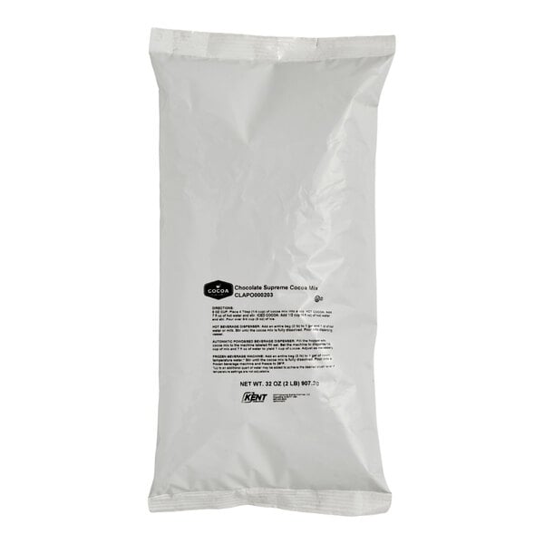 A sealed white plastic bag with printed text, containing chocolate cocoa mix.